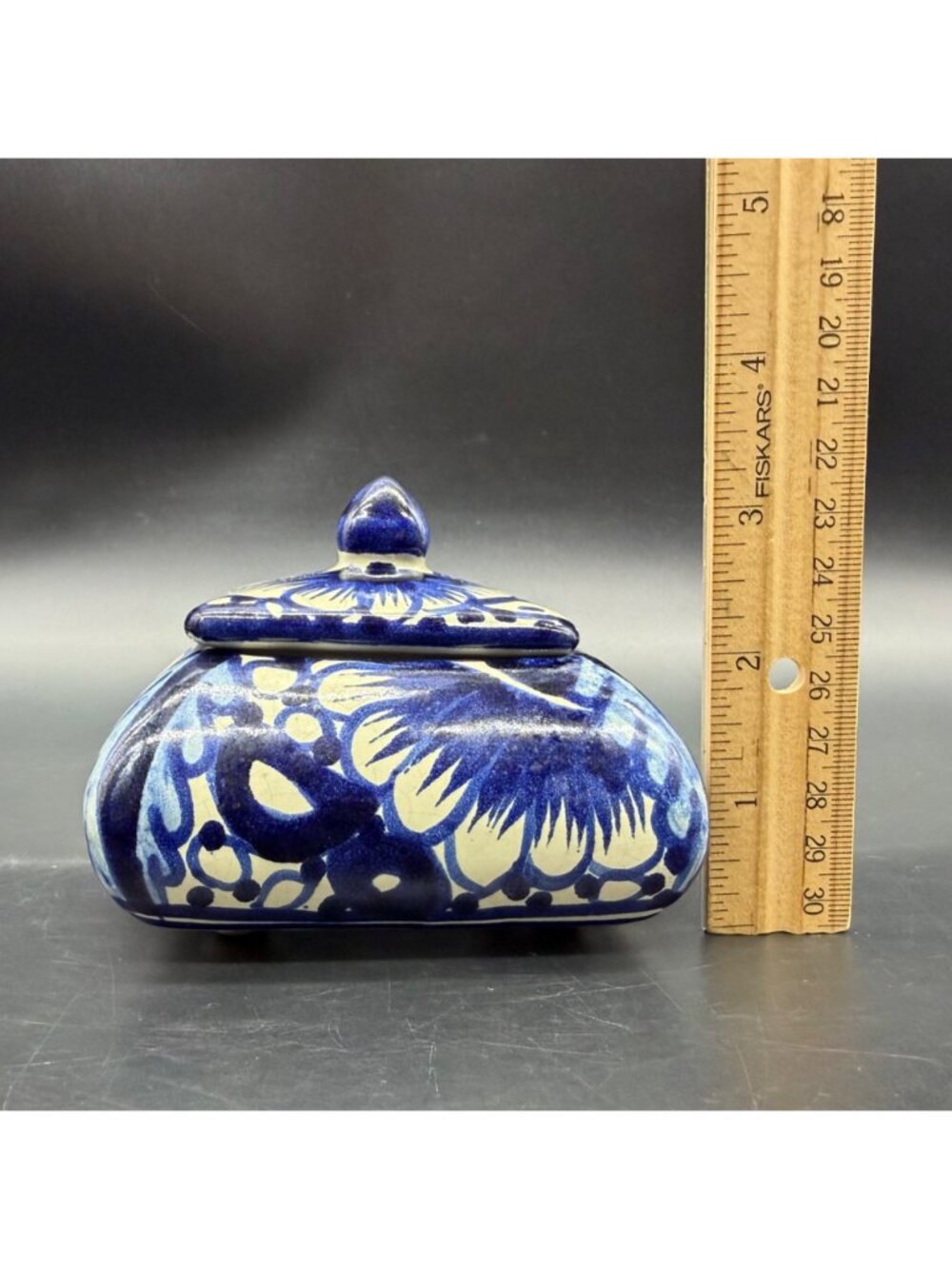 Talavera Mexico Trinket Box Blue Floral Hand Painted Pottery Signed R Venegas - Picture 11 of 13